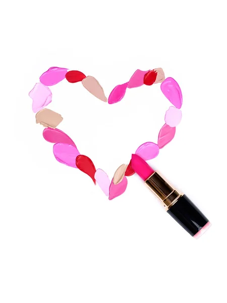 Hintergrund Zum Valentinstag Roter Und Pinkfarbener Lippenstift Herzform Vereinzelt Auf — Stockfoto