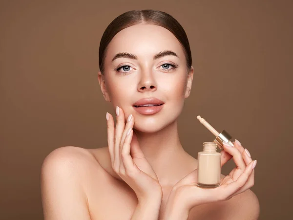 Portrait Beautiful Young Woman Clean Fresh Skin Model Foundation Makeup — Stock Photo, Image