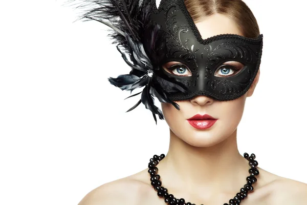 Beautiful young woman in black mysterious venetian mask — Stock Photo, Image