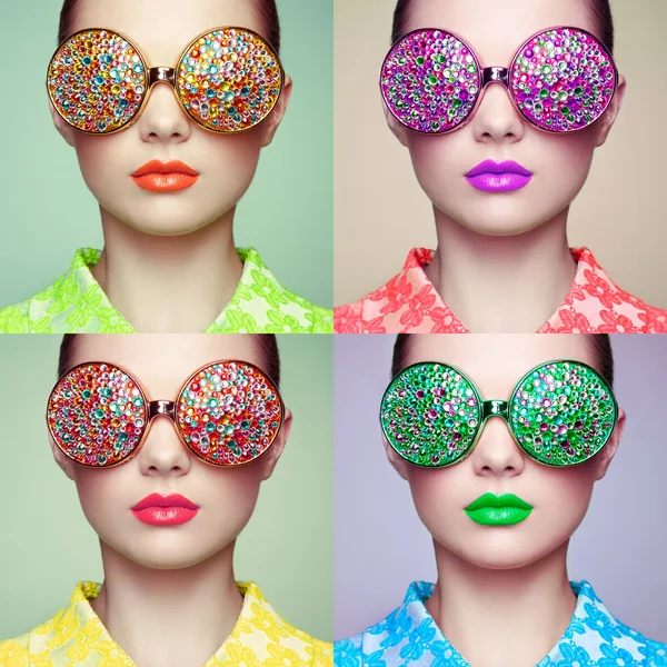 Portrait of beautiful young woman with colored glasses — Stock Photo, Image