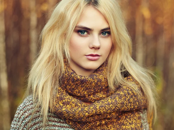 Portrait of young beautiful woman in autumn pullover — Stock Photo, Image