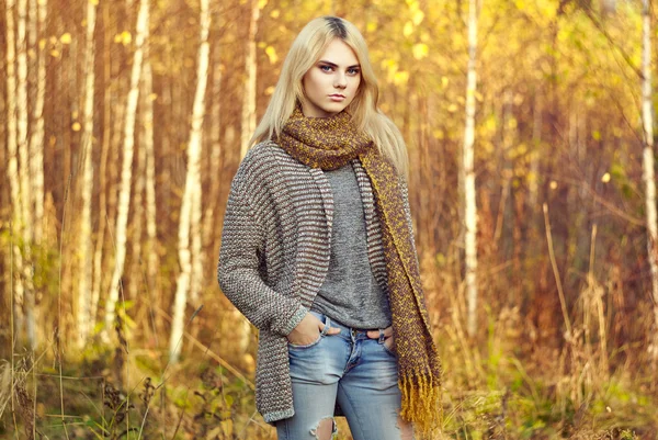 Porträtt av ung vacker kvinna i höst pullover — Stockfoto