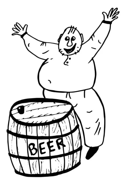 Illustration Fat Joyful Man Standing Next Beer Barrel — Stock Vector