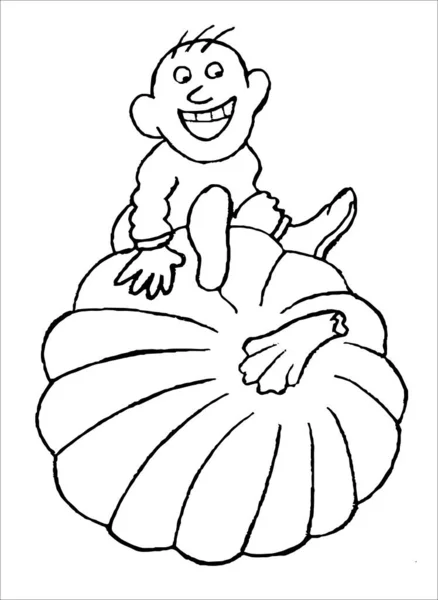 Happy Farmer Who Raised Large Pumpkin Caricature Image Monochrome Illustration — Stock Vector