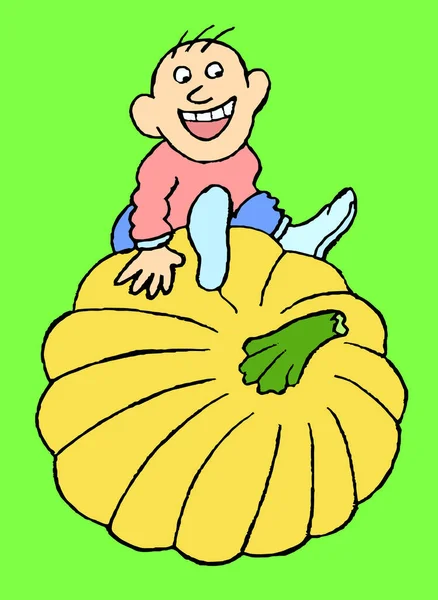 Happy Farmer Who Raised Large Pumpkin Caricature Image Color Illustration — Stock Vector