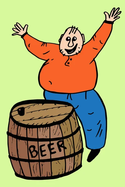Color Illustration Fat Joyful Man Standing Next Beer Barrel — Stock Vector