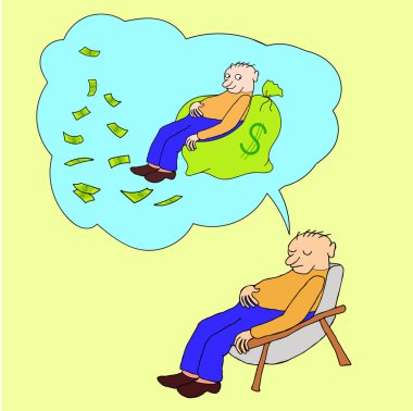 Cartoon character, man slumbers In the armchair dreaming about money,vector eps10