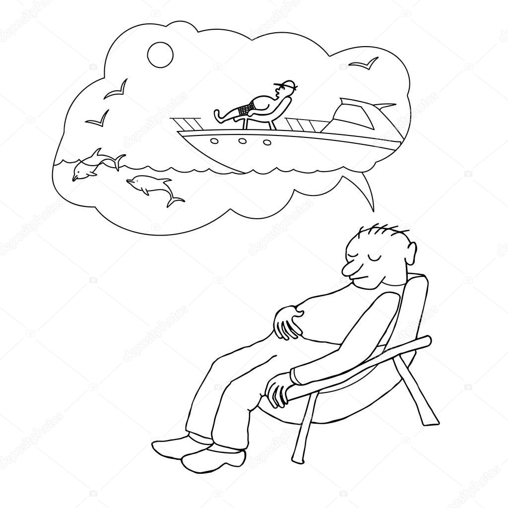 A man slumbers in an armchair and dreams of a vacation at sea. Black and white illustration