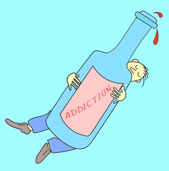 Caricature Alcoholic Alcoholism Man Falls Asleep Falls Hug Bottle — Vector de stock