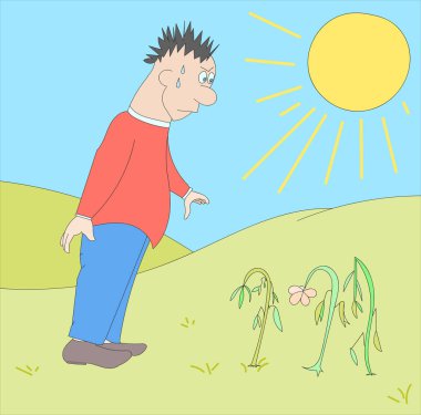 Kuraklık bitkileri öldürdü. İnsan üzülür. Renk illüstrasyonu