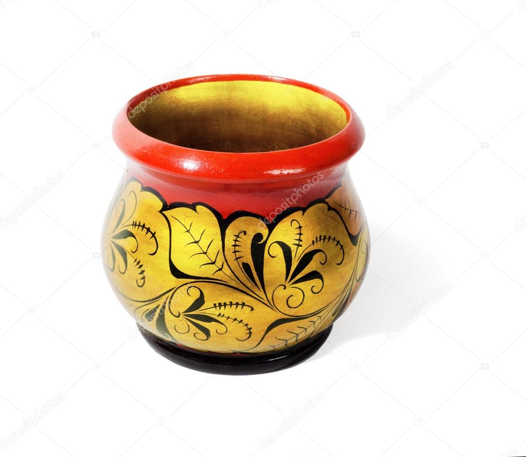 Wooden pot, painted in the style of Khokhloma