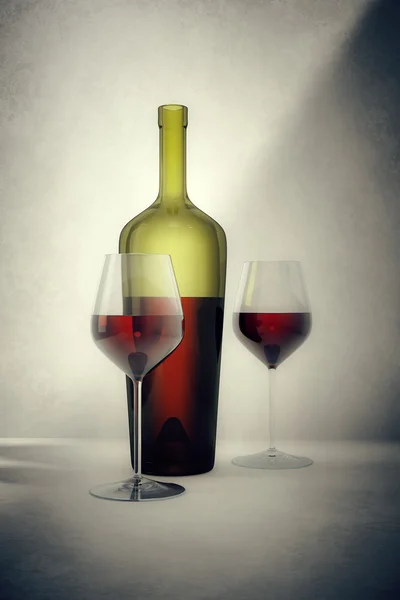 Bouteille de vin avec deux verres — Photo