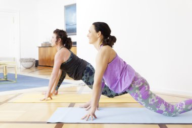 İki kadın yoga yapıyor.