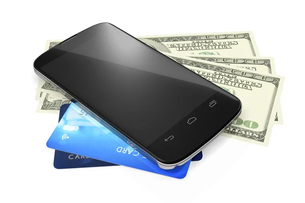 Смартфон з доларовими банкнотами та кредитними картками — стокове фото