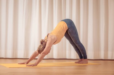 Evde yoga yapan iki kadının görüntüsü.