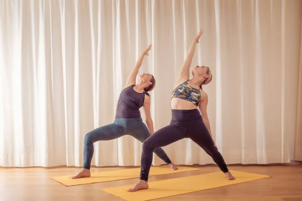 Immagine Due Donne Che Fanno Yoga Casa — Foto Stock