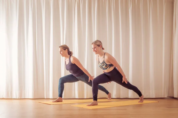 Immagine Due Donne Che Fanno Yoga Casa — Foto Stock