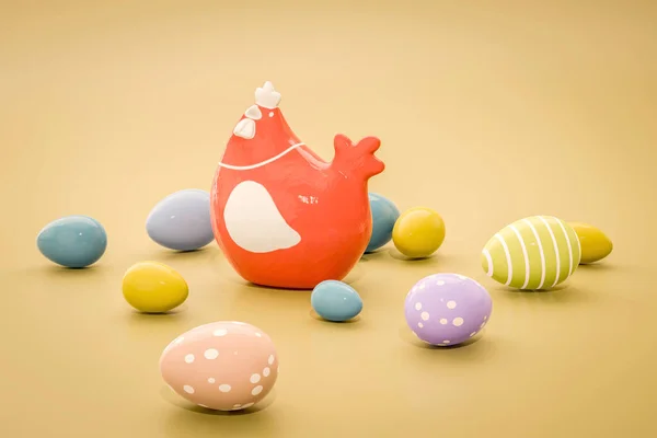 一只有蛋黄装饰的鸡 3D插图 — 图库照片
