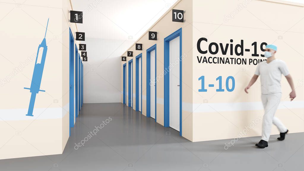 Corona virus vaccination center with walking in nurse. 3D illustration