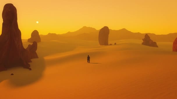 Samotny Odkrywca Suchej Pustynnej Planecie Renderowanie — Wideo stockowe
