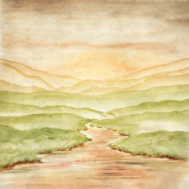 Gün batımı doğa manzarasının suluboya çizimi