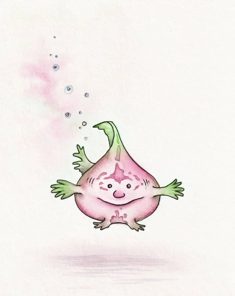Watercolor Illustration Funny Onion Shape Fish — Stock Photo, Image