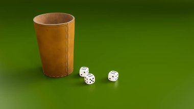 Deri bir kupa ve serbest zarlar altı gösteriyor. 3B illüstrasyon