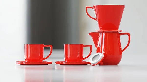 フィルター付きのコーヒーポットと2つのカップ 3Dイラスト — ストック写真