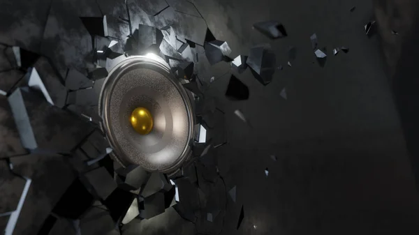 音乐扬声器突破了金属墙 3D插图 — 图库照片