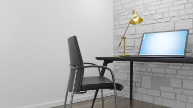 Evdeki masadaki bir dizüstü bilgisayar. 3B illüstrasyon