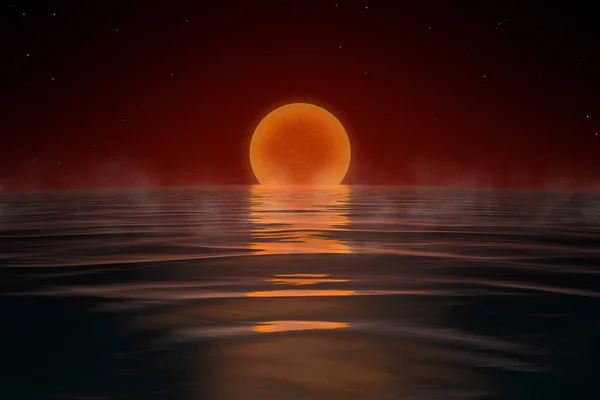 Západ Slunce Světě Vody Planetě Science Fiction Ilustrace — Stock fotografie