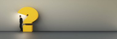 Kocaman sarı soru işaretli arka planı olan bir adam. 3B illüstrasyon