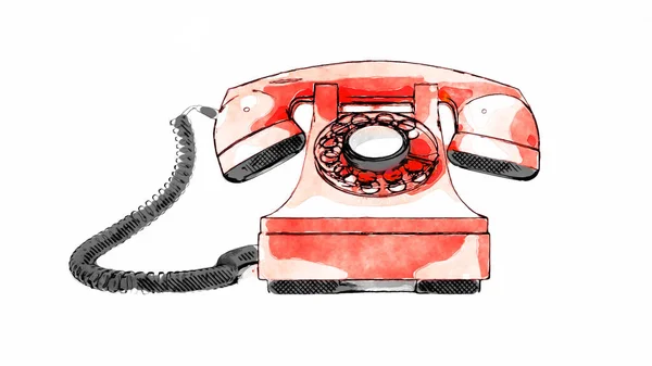 Une Vieille Illustration Aquarelle Téléphone Cadran Rouge — Photo