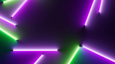 Mor yeşil neon tüplerin arka planı. 3B illüstrasyon