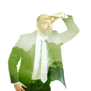 business man double exposure green tree clipart