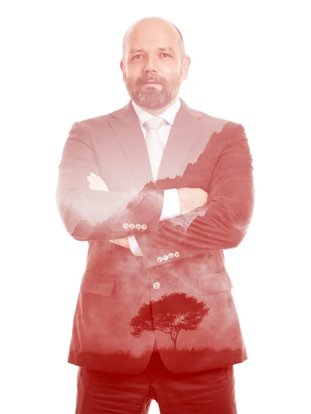 Business man double exposure red tree — Stock Photo, Image