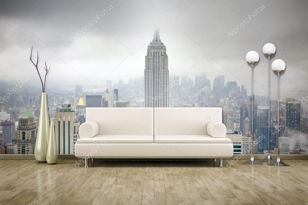 Sofa in front of photo wall mural