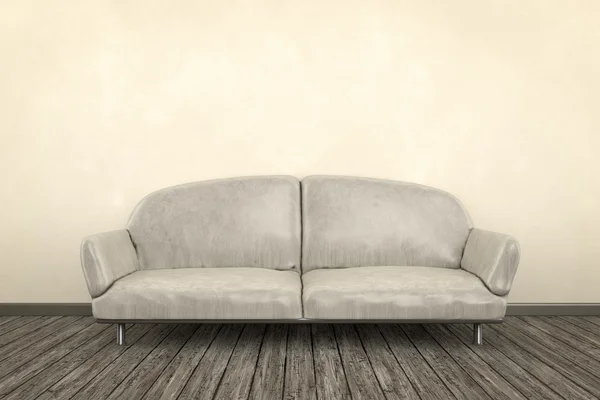 Schäbiges Zimmer mit grauem Sofa — Stockfoto