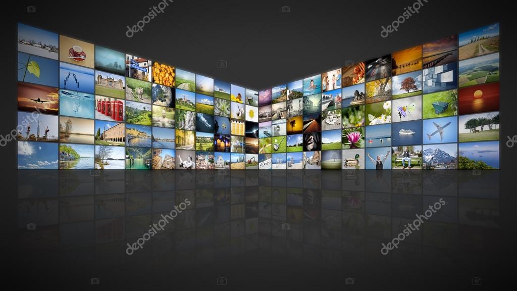 3D illustration of futuristic video wall with 100 screens