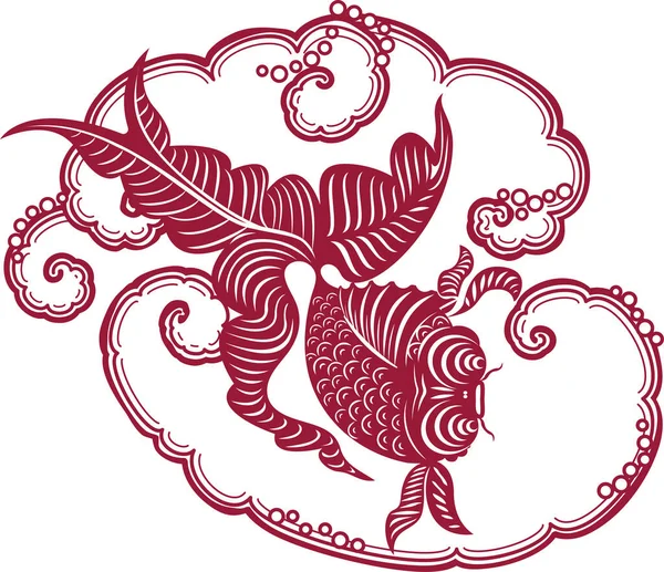 Pesce rosso nel vortice di un fiume di montagna. Simulato tradizionale cinese taglio di carta — Vettoriale Stock