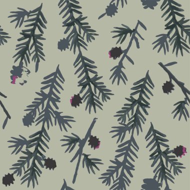 Kahverengi, yeşil, siyah ve gri renkli kozalaklı dallar ve kozalaklar açık yeşil arkaplanda pürüzsüz bir desen..