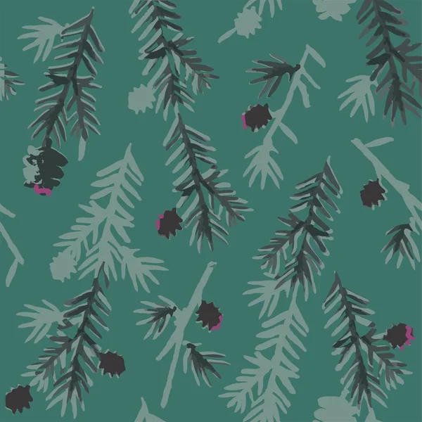 Branches Cônes Conifères Brun Vert Noir Gris Motif Sans Couture — Image vectorielle