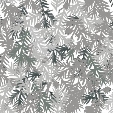 Açık gri, yeşil, siyah ve gri renkli kozalaklı dallar beyaz arkaplanda pürüzsüz bir desen..