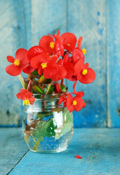 Rote Blumen über blauem Holz Hintergrund vertikal — Stockfoto