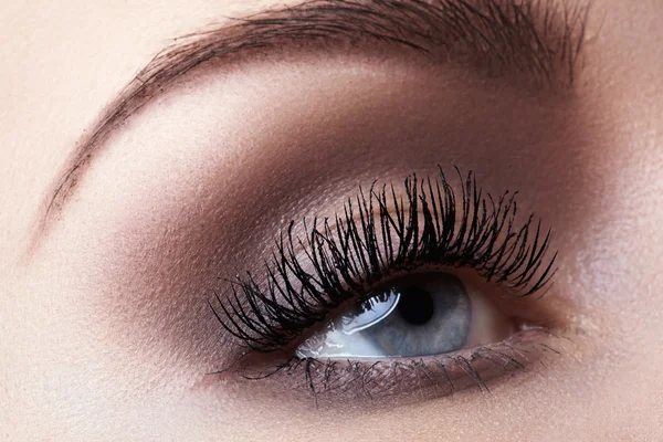 Macro shot of woman's beautiful eye with extremely long eyelashes. Sexy view, sensual look Stock Image