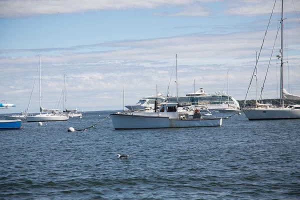 Segelboote mit Kreuzfahrtschiff im Hintergrund — Stockfoto