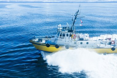 Mavi su ile beyaz ve sarı Pilot tekne kesme