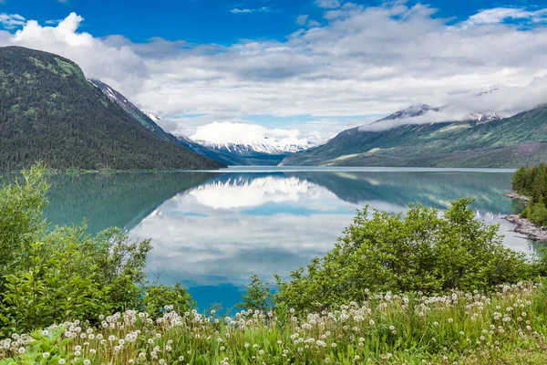 Sneeuw bedekte berg weerspiegeld — Stockfoto