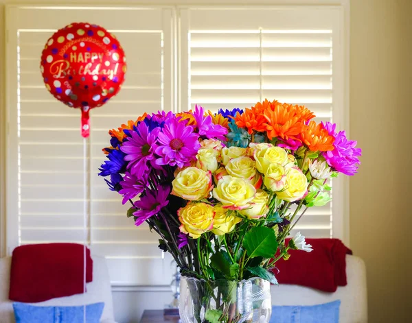 Colorful Bouquet with Birthday Balloon — Stock Photo, Image