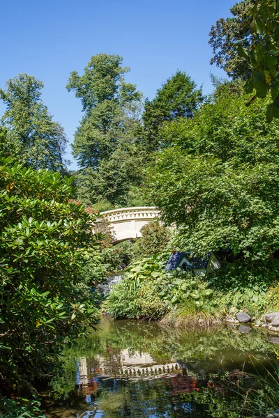 Gips Bridge genom träden i trädgården — Stockfoto